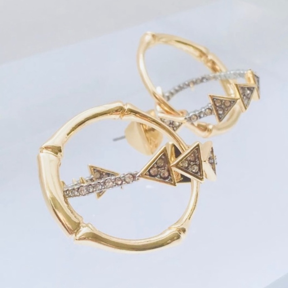 ALEXIS BITTAR • Gold & Silver Bamboo Crystal Double Hoop Orbiting Post Earrings - Picture 7 of 10